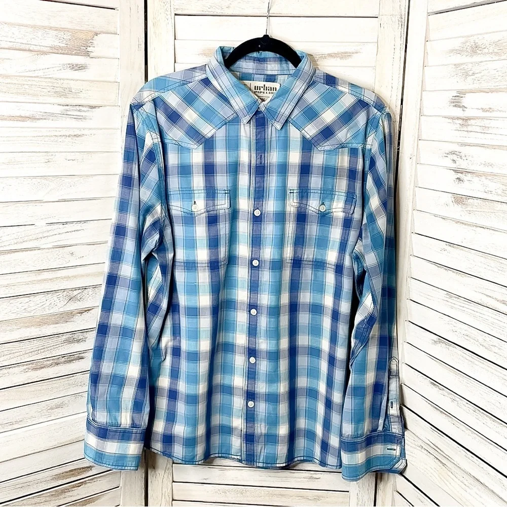 URBAN PIPELINE | Men’s Blue Plaid Button Down Long Sleeve Shirt - Picture 2 of 6